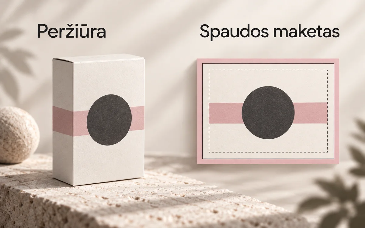 Kairėje parodyta dizaino peržiūra, dešinėje – maketo schema su užlaida, pjovimo linija ir saugia teksto zona.