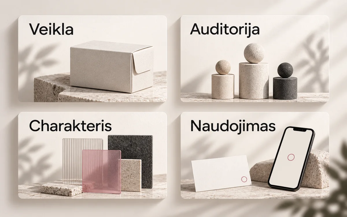 Keturi logotipo užduoties atramos taškai: veikla, auditorija, charakteris ir naudojimo vietos