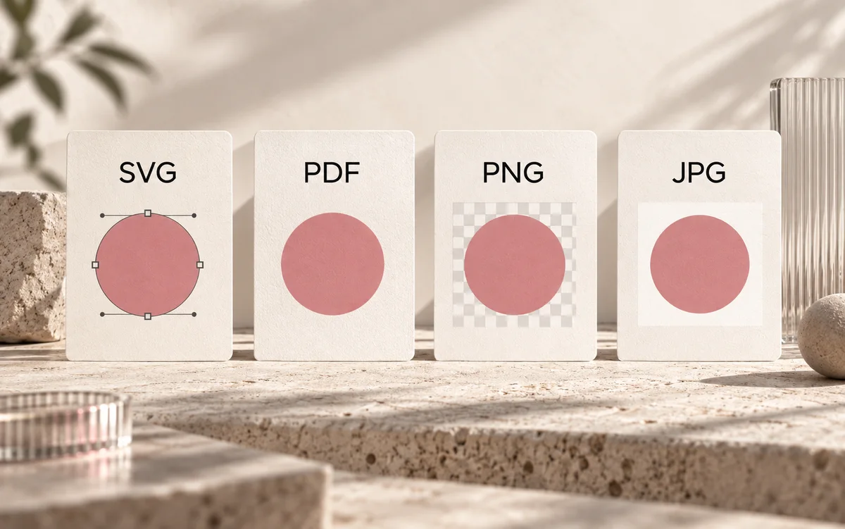 Vienas geometrinis ženklas ir keturi jo failų formatai — SVG, PDF, PNG ir JPG