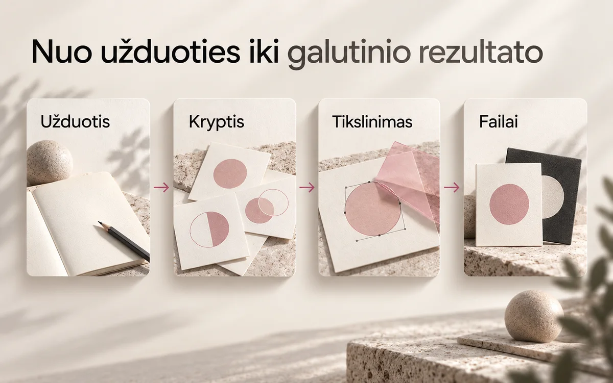 Logotipo kūrimo eiga: užduotis, kryptis, tikslinimas ir failų paruošimas