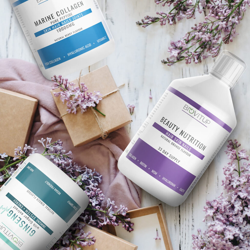 Biovitup produktų pakuočių rinkinys su iliustracijomis