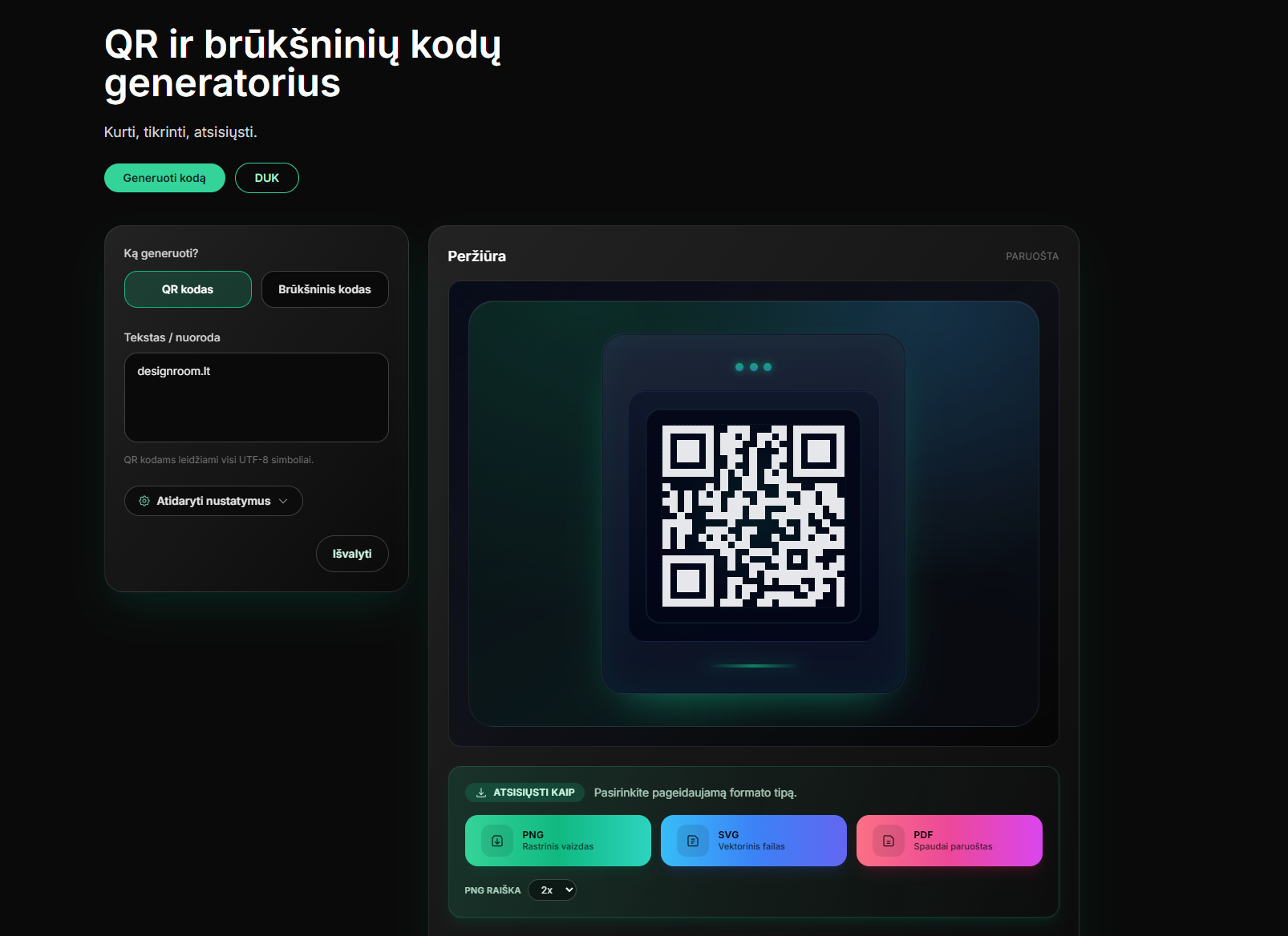 QR kodų generatoriaus svetainės dizainas