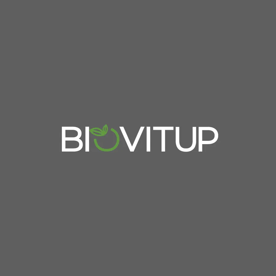 Biovitup logotipas su žaliu augalo motyvu